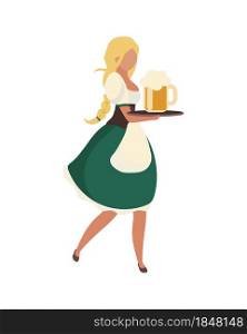 German woman carrying tray with beer semi flat color vector character. Full body person on white. Traditional costume isolated modern cartoon style illustration for graphic design and animation. German woman carrying tray with beer semi flat color vector character