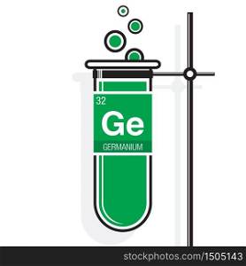 Germanium symbol on label in a green test tube with holder. Element number 32 of the Periodic Table of the Elements - Chemistry