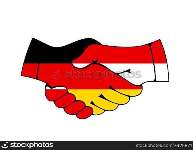Germany and Poland business and partnership handshake. Trade, agreement and friendship vector symbol. Joined male hands with German and Polish flags. Business or politics greeting and partnership. Germany and Poland business handshake