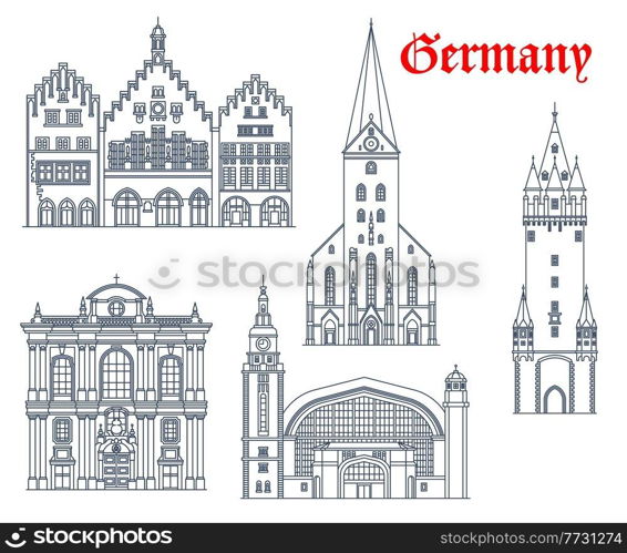 Germany architecture buildings and travel landmarks of Frankfurt, Munich and Hamburg. Burgersaal church, Romer Rathaus or city hall, Eschenheim Tower, Hauptbahnhof railway station and St Peter church. Germany architecture, Frankfurt, Hamburg, Munich