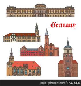 Germany architecture buildings of Brandenburg and Wurzburg, vector. German cathedrals of St Peter and Paul, Wurzburg Bishop Residence, Spremberg Rathaus and Sankt Katharinen church and Gotthardtkirche. Germany cathedrals of Brandenburg and Wurzburg