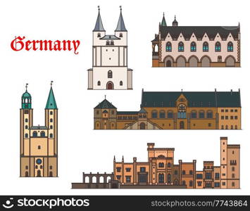 Germany architecture buildings of Potsdam and Goslar, travel vector landmarks. Babelsberg Schloss Palace in Potsdam, Marktkirche of St Cosmas and Damian and Kaiserpfalz Imperial Palace in Germany. Germany architecture buildings, Potsdam and Goslar