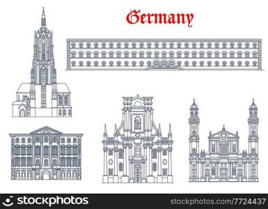Germany architecture, Munich buildings and travel landmarks of Bavaria, vector. Theatine Church of St Cajetan Trinity Church and Saint Bartholomew cathedral, Bavarian State Library and Preysing Palace. Germany, Munich architecture, buildings, landmarks