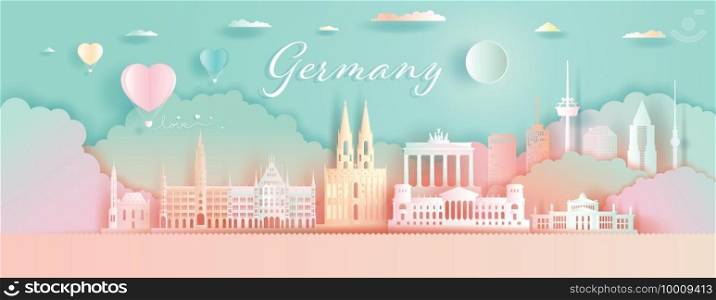 Germany Architecture Travel Landmarks Berlin with Love Balloons and colorful for wallpaper background, Tour munich with panorama view and capital, Colorful origami paper cut style poster and postcard.