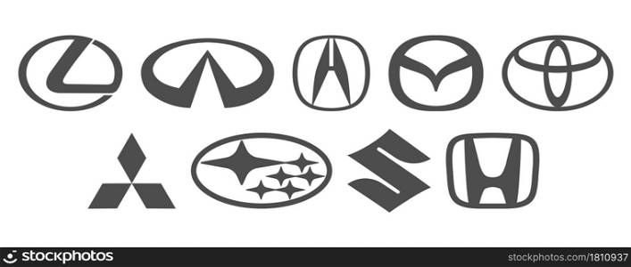 Germany, Berlin-08/04/2021: A set of Japanese car logos. Black logo on a white background, Mitsubishi, Subaru, Lexus, Akura, Toyota, Suzuki, Honda, Infiniti, Mazda. Flat style