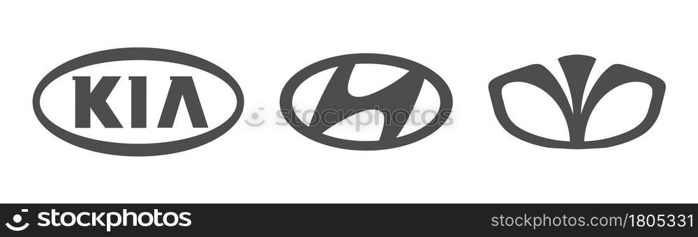 Germany, Berlin-08/04/2021: A set of Korean car logos. Black logo on a white background. The leaders of the Korean automotive industry are KIA, HYUNDAI, DAEWOO. Flat style