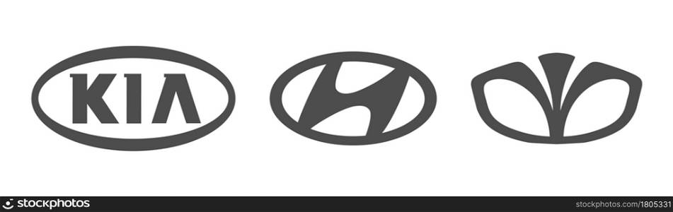 Germany, Berlin-08/04/2021: A set of Korean car logos. Black logo on a white background. The leaders of the Korean automotive industry are KIA, HYUNDAI, DAEWOO. Flat style