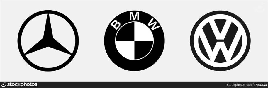 Germany, Berlin-08/04/2021: A set of logos of German cars. Black logo on a white background. The leaders of the German automotive industry are Mercedes, BMW and Volkswagen. Flat style.