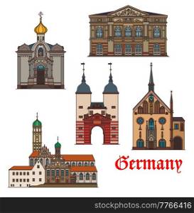 Germany buildings of Baden-Baden and Heidelberg, architecture and travel vector landmarks. Russian Orthodox church and Sankt Afra kirche, Kloster Lichtenthal and Karlstor gates of Heidelberg bridge. Germany buildings of Baden-Baden and Heidelberg