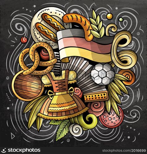 Germany cartoon vector doodle chalkboard illustration. Colorful detailed composition with lot of German objects and symbols. Germany cartoon vector doodle chalkboard illustration