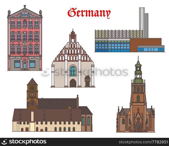 Germany, Chemnitz, Zwickau and Kamenz buildings, vector architecture landmarks. German Saxony buildings of Siegertsches House, Stadthalle city hall, Marienkirche and Schloskirche castle church. Germany, Chemnitz, Kamenz, Zwickau architecture