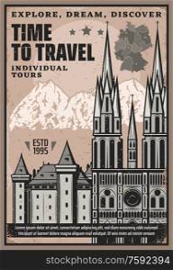Germany city tours, Berlin and Munich landmarks, Hamburg famous attractions, travel agency retro vintage poster. Vector German temples, museums, castles and ancient architecture buildings sightseeing. Europe travel, Germany landmark sightseeing tours