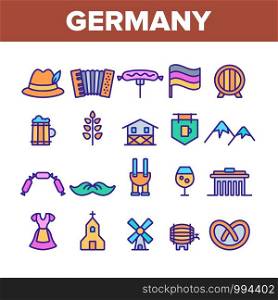 Germany Country Culture Elements Icons Set Vector Thin Line. Germany Flag And Mountain, National Hat And Suit, Food And Beer Concept Linear Pictograms. Monochrome Contour Illustrations. Germany Country Culture Elements Icons Set Vector