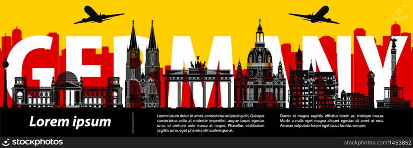 Germany famous landmark style,big country name inside with flag color design,vector illustration