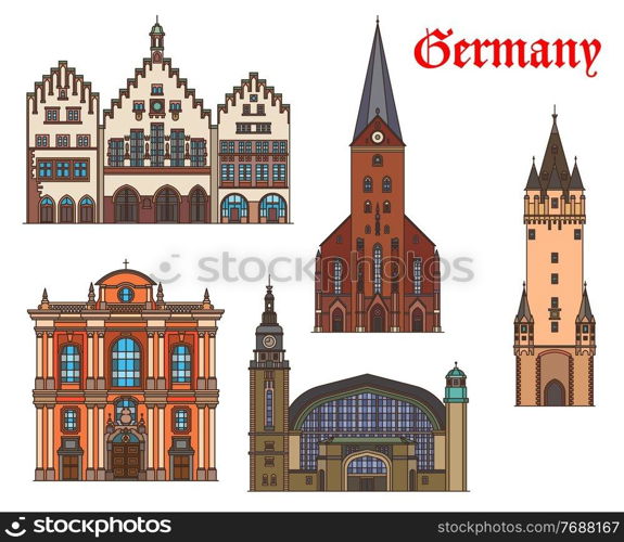 Germany, Hamburg, Munich and Frankfurt architecture buildings, vector travel landmarks. Railway station Hauptbahnhof, Romer city hall in Frankfurt am Main, Eschenheim Tower and Saint Peter church. Germany landmarks of Hamburg, Munich, Frankfurt