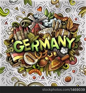 Germany hand drawn cartoon doodles illustration. Funny travel design. Creative art vector background. Handwritten text with German symbols, elements and objects. Colorful composition. Germany hand drawn cartoon doodles illustration. Funny travel design.