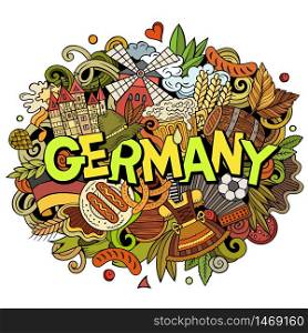 Germany hand drawn cartoon doodles illustration. Funny travel design. Creative art vector background. Handwritten text with German symbols, elements and objects. Colorful composition. Germany hand drawn cartoon doodles illustration. Funny travel design.