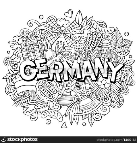 Germany hand drawn cartoon doodles illustration. Funny travel design. Creative art vector background. Handwritten text with German symbols, elements and objects.. Germany hand drawn cartoon doodles illustration. Funny travel design.