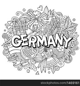 Germany hand drawn cartoon doodles illustration. Funny travel design. Creative art vector background. Handwritten text with German symbols, elements and objects.. Germany hand drawn cartoon doodles illustration. Funny travel design.