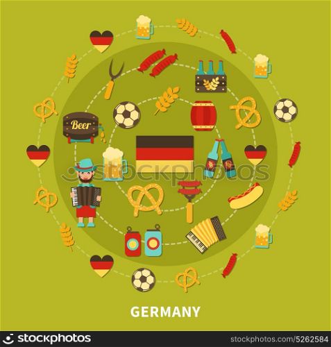 Germany Icons Round Composition. Travel composition of flat isolated germany traditional food and drinks emoji style images and national symbols vector illustration