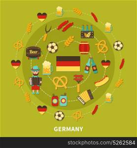 Germany Icons Round Composition. Travel composition of flat isolated germany traditional food and drinks emoji style images and national symbols vector illustration