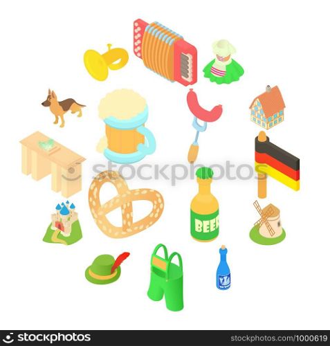 Germany icons set in isometric 3d style. Germany fest elements and attractions set collection vector illustration. Germany icons set, isometric 3d style
