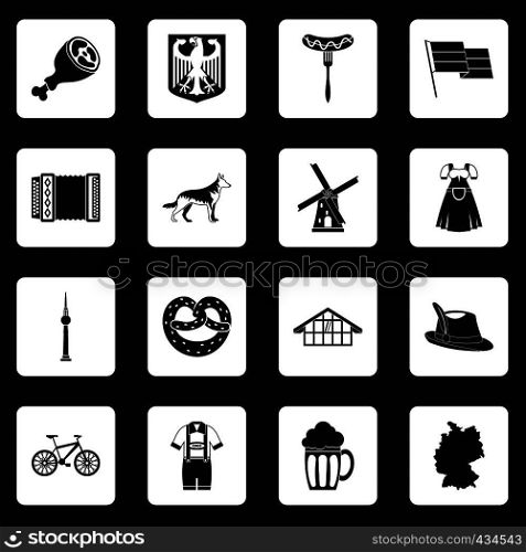 Germany icons set in white squares on black background simple style vector illustration. Germany icons set squares vector