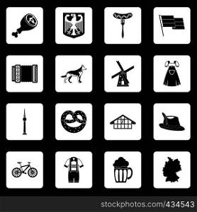 Germany icons set in white squares on black background simple style vector illustration. Germany icons set squares vector