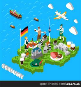 Germany Isometric Sightseeing Map For Tourists . Germany isometric cultural sightseeing map for tourists with traditional national cuisine and landmarks symbols abstract vector illustration