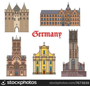 Germany landmark buildings and cathedrals, German travel architecture, vector. Andreaskirche St Andreas church in Dusseldorf, rathaus and Obertor gates, Duisburg Salvatorkirche, St Quirinus cathedral. Germany landmark buildings, cathedrals Dusseldorf