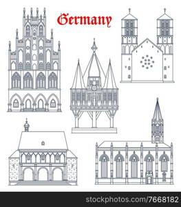 Germany landmark buildings and cathedrals icons, vector German travel and famous architecture, vector. Rathaus in Munster Westphalia, St Lambert catholic church, Sankt Paulus Dom and wooden chapel. Germany landmark buildings and cathedrals icons