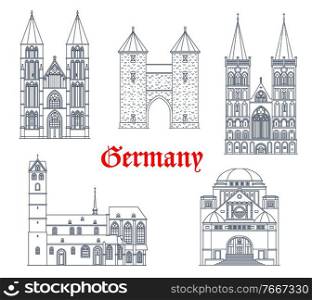 Germany landmark buildings and travel icons, Dortmund architecture vector icons. German landmarks of St Maria church in Kleve, synagogue in Hessen, gothic cathedral dom and Tor gates in Xanten. Germany landmark buildings, travel icons, Dortmund