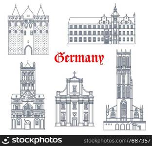 Germany landmark buildings and travel icons, Dusseldorf architecture vector icons. St Andreas kirche church in, rathaus and Obertor gates, Salvatorkirche in Duisburg and St Quirinus cathedral in Neuss. Germany landmark buildings icons, Dusseldorf