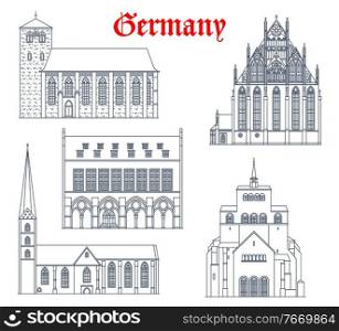 Germany landmark buildings, cathedrals and churches, German travel architecture vector icons. St Wilhadi Kirche in Stade, St Maria church in Bielefeld and Prenzlau, Winden cathedral and Minden rathaus. Germany landmark buildings, cathedrals, churches