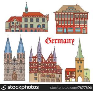 Germany landmarks architecture, buildings and cathedral, vector German fachwerk houses. St Cyriacus kirche church, Westerturm in Duderstadt city, rathaus in Gottingen and Rats Apotheke of Einbeck. Germany landmarks architecture, buildings