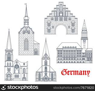 Germany landmarks, architecture buildings vector icons, German Schleswig Holstein cities cathedrals. St Nikolai church, Heiliggeistkirche and Marienkirche, Nordertor gate in Flensburg and Kiel rathaus. Germany landmark buildings icons, Kiel, Flensburg