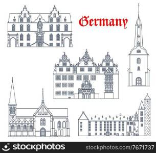 Germany landmarks architecture, German city vector icons of cathedrals and churches buildings in Schleswig Holstein. Meldorf cathedral and Glueckstadt kirche church, Muenden rathaus and castle. Germany landmarks architecture, German city icons