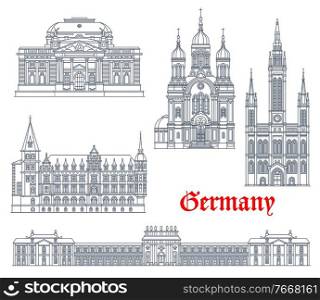 Germany landmarks architecture, German Wiesbaden buildings, vector icons. Germany famous landmarks of Hesse Staatstheater theater, Greek orthodox chapel Biebrich castle and Marktkirche church. Germany landmarks architecture, German Wiesbaden