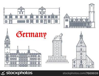 Germany landmarks architecture icons, houses and cathedral churches buildings in Saxony. Stadthagen and Braunschweig rathaus town hall, Burgloewe or Brunswick Lion monument and St Martin kirche church. Germany landmarks architecture icons, Braunschweig