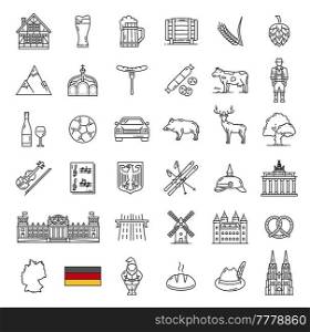 Germany landmarks, food, industry and travel outline icons. Vector German flag and map, Oktoberfest beer, sausages, Bavarian costume, pretzel and hunting hat, Berlin architecture, heraldic eagle. Germany travel landmarks, food, industry icons