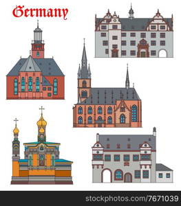 Germany landmarks, travel architecture and Darmstadt buildings, churches and cathedrals. German orthodox St Maria Magdalena kirche, Rathause town hall in Kiedrich and city church of Saint Valentin. Germany landmarks, travel architecture, Darmstadt