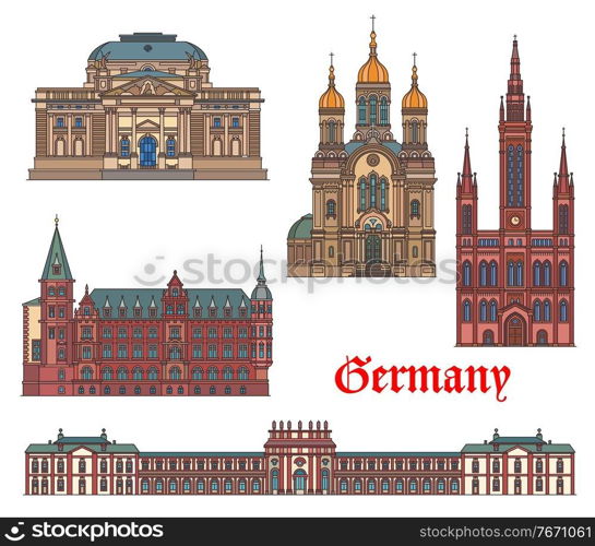 Germany landmarks, travel architecture of Wiesbaden, German famous buildings, vector. Hessisches Staatstheater theater, Biebrich castle, Marktkirche church and Greek orthodox chapel landmarks. Germany landmarks, travel architecture, Wiesbaden