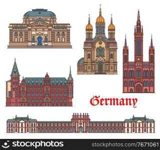 Germany landmarks, travel architecture of Wiesbaden, German famous buildings, vector. Hessisches Staatstheater theater, Biebrich castle, Marktkirche church and Greek orthodox chapel landmarks. Germany landmarks, travel architecture, Wiesbaden