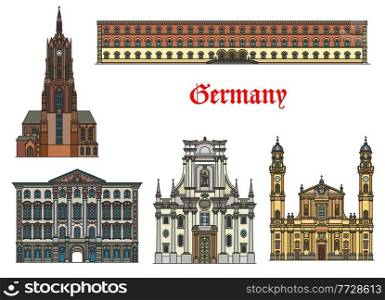 Germany, Munich architecture buildings and travel landmarks, vector. Preysing Palace and Bavarian State Library, St Cajetan Theatine and Trinity church, Saint Bartholomew cathedral dom in Munchen. Germany architecture, Munich landmarks, buildings
