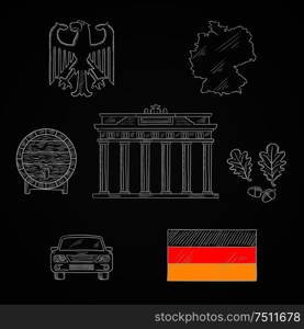 Germany national and travel chalk icons with map and flag, black eagle emblem and oak branches, wooden barrel of beer, car and Brandenburg gates on blackboard. Germany national and travel icons