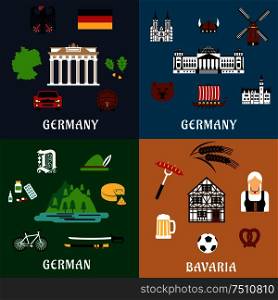 Germany travel and culture flat icons with national architecture and landmarks, food and drinks, nature and industry, flag and map, culture and history elements. Germany travel ant culture flat icons
