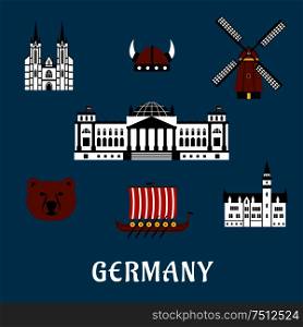 Germany travel concept with flat icons of bear, Reichstag building, gothic cathedral and castle, windmill, viking helmet with horns and longship drakkar. Germany travel and tourism flat icons