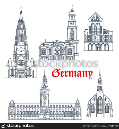 Germany travel landmarks and architecture buildings of Hamburg and Lubeck, vector. German architecture of St Catherine Church, Michael and Nicholas church in Lubeck, Rathaus city hall of Hamburg. Germany architecture buildings of Hamburg, Lubeck