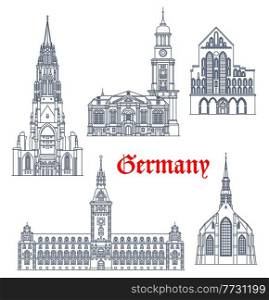 Germany travel landmarks and architecture buildings of Hamburg and Lubeck, vector. German architecture of St Catherine Church, Michael and Nicholas church in Lubeck, Rathaus city hall of Hamburg. Germany architecture buildings of Hamburg, Lubeck