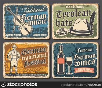 Germany travel landmarks and culture retro posters, vector Germany tourism. Oktoberfest traditional beer festival, national costumes and Tyrolean hats shop, German music and wine, metal plates. Germany travel landmarks and culture retro posters